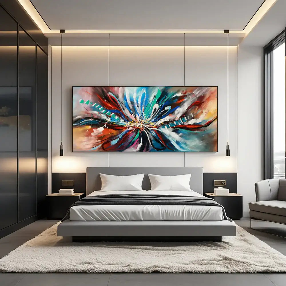 Large Modern Art Oil Painting displayed in a contemporary bedroom with stylish decor and bold colors.