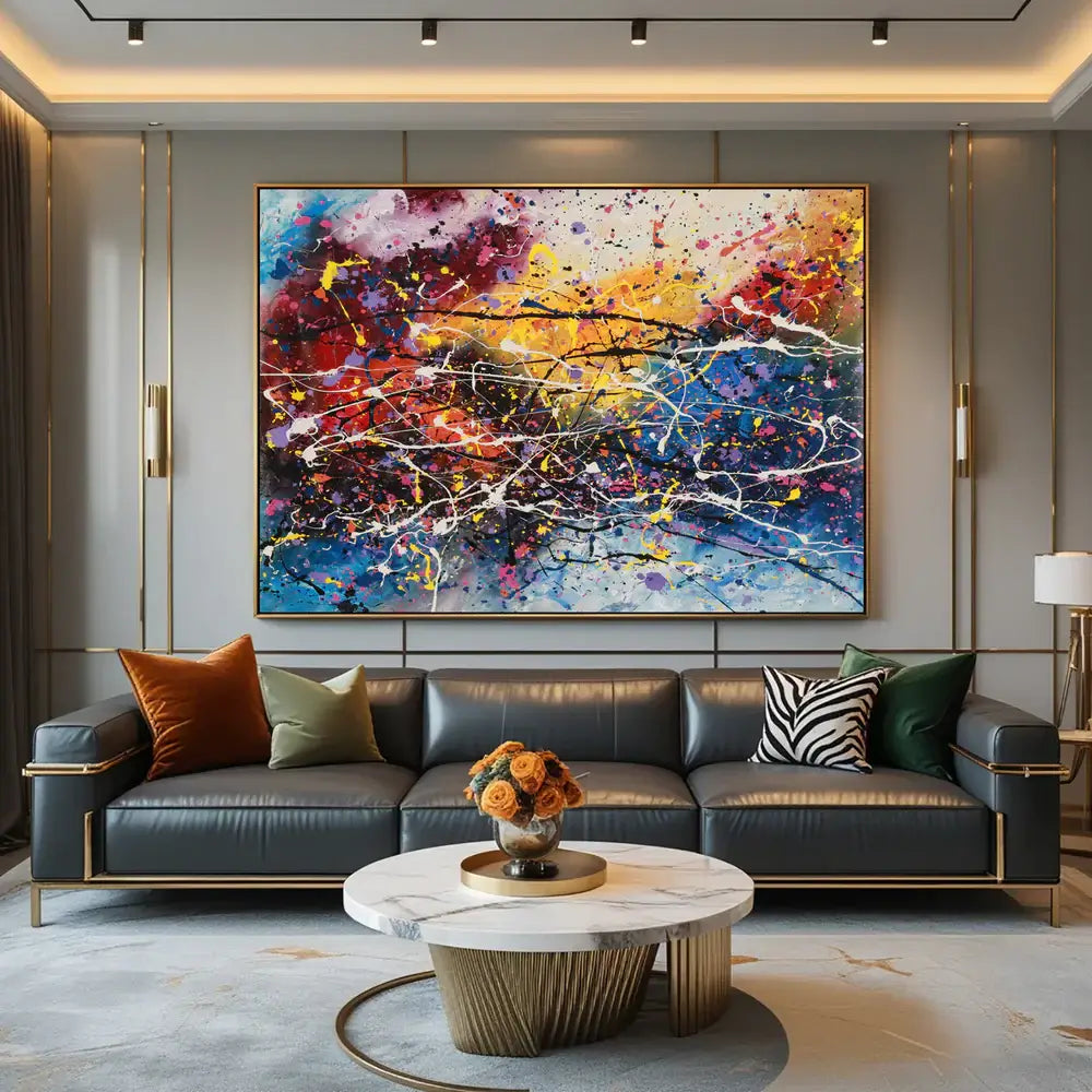 Amazing Abstract Paintings displayed in a stylish modern living room, showcasing vibrant colors and textures.