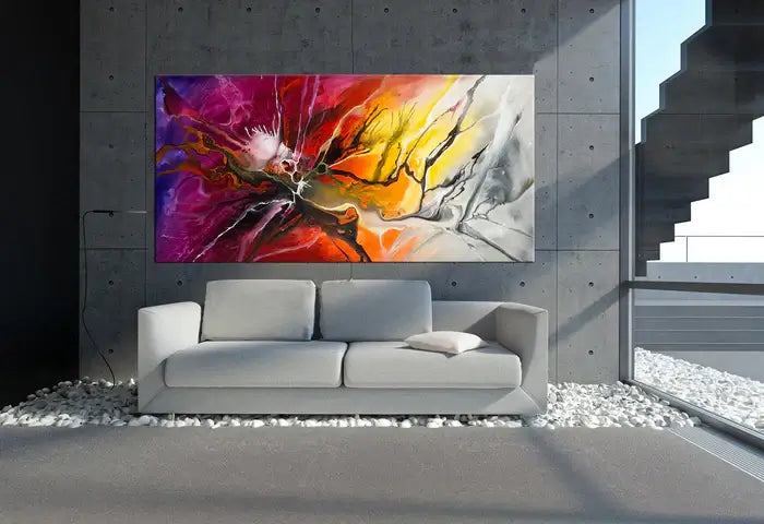 Abstract Modern Art displayed in a contemporary living room, showcasing vibrant colors and dynamic movement.