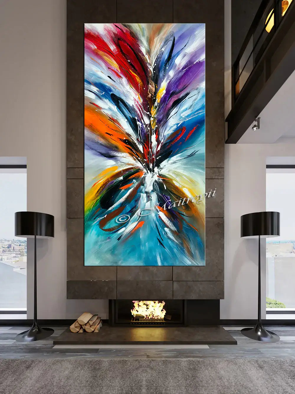 Contemporary Abstract Art painting by Maitreyii, showcasing vibrant colors and dynamic movement in a stylish home setting.