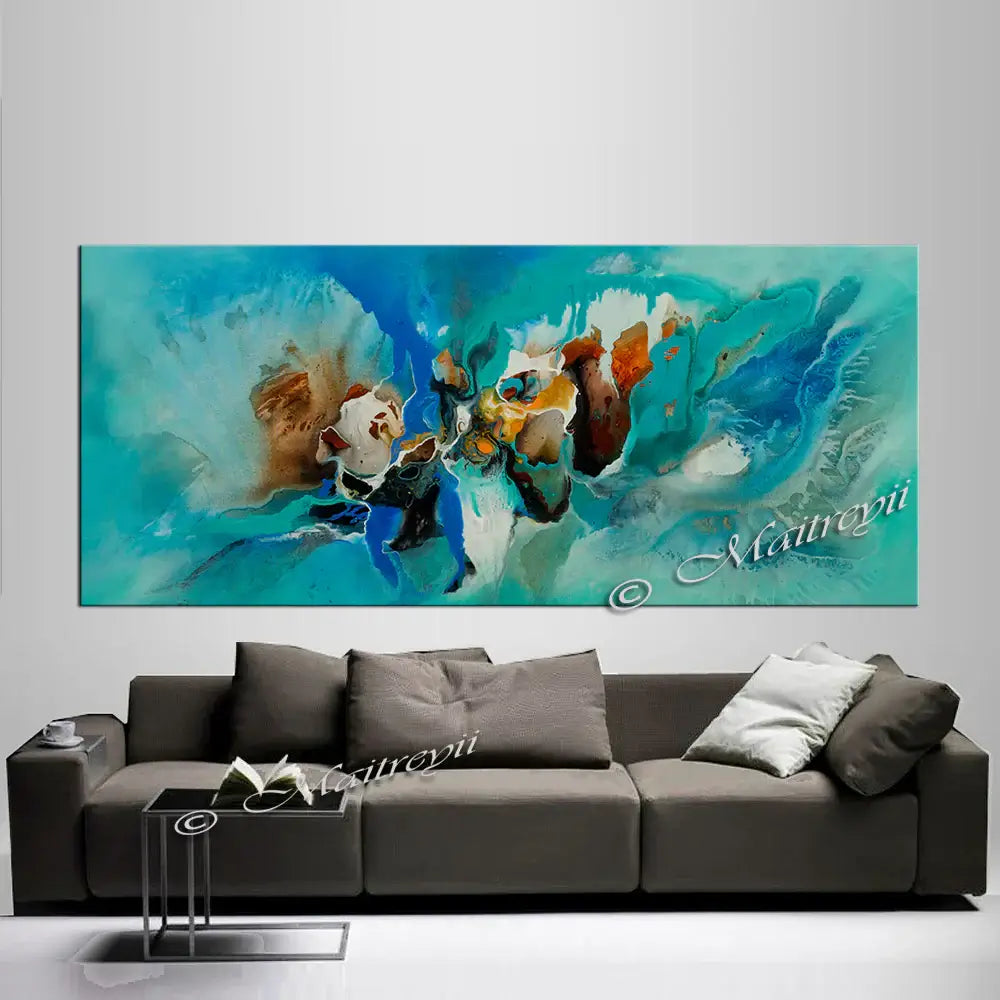 Abstract Modern Art Oil Painting displayed above a stylish sofa in a modern living room.