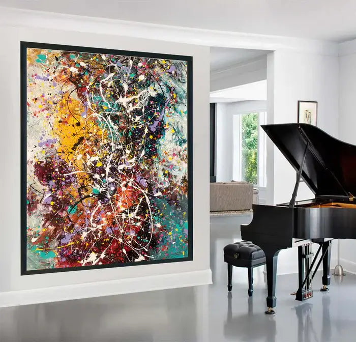 Abstract Acrylic Painting displayed in a modern living room with a piano, featuring bold colors and dynamic texture.