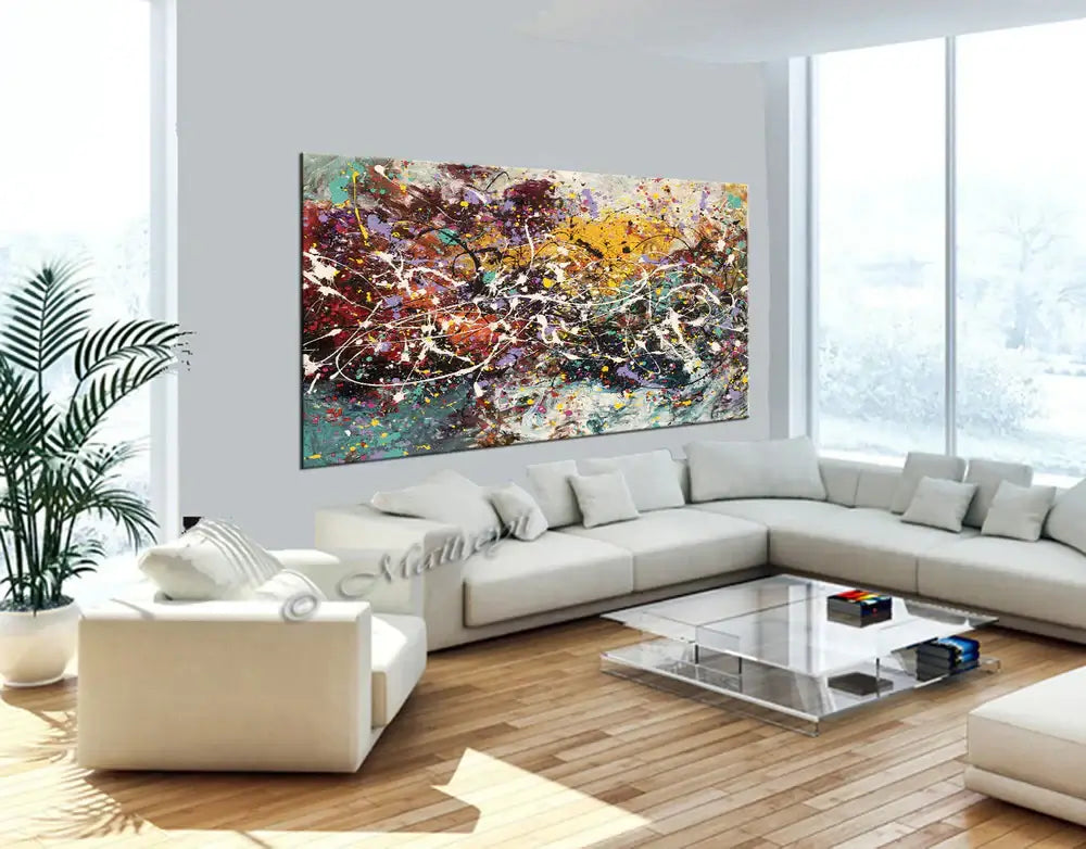 Abstract Acrylic Painting showcased in a modern living room with sleek furniture and bright sunlight.
