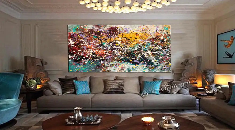 Abstract Acrylic Painting displayed in a modern living room featuring bold colors and layered textures.