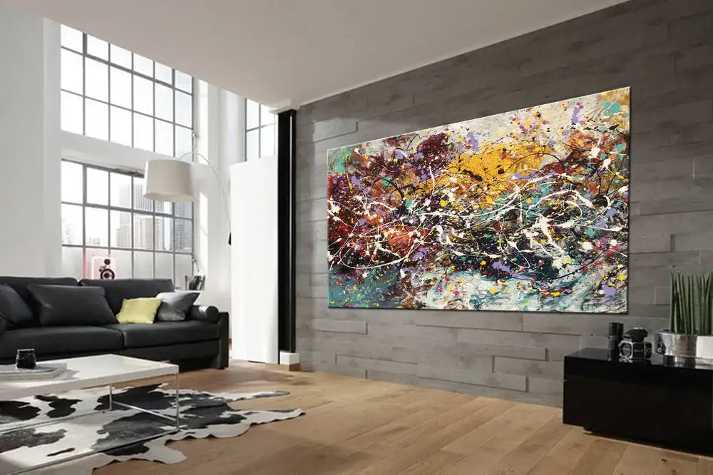 Abstract Acrylic Painting displayed in a modern living room, showcasing bold colors and layered texture.