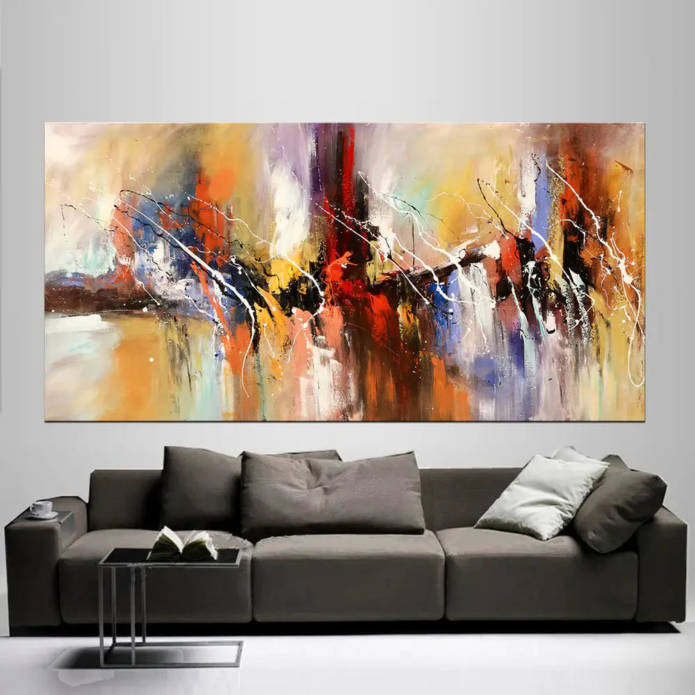 Hand-Painted Abstract Artwork displayed above a modern sofa in a stylish living room setting.
