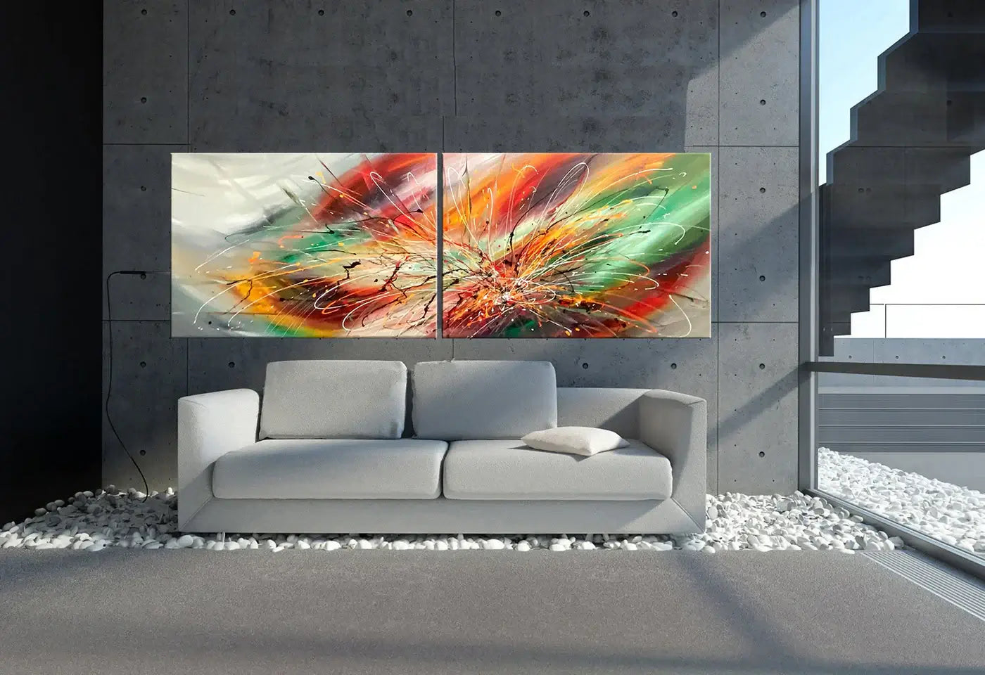 Contemporary Abstract Art displayed in a modern living room setting with vibrant colors and dynamic textures.