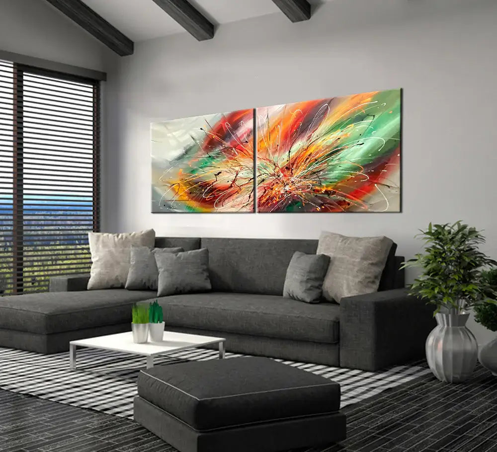 Contemporary Abstract Art displayed in a modern living room with bold colors and layered texture.