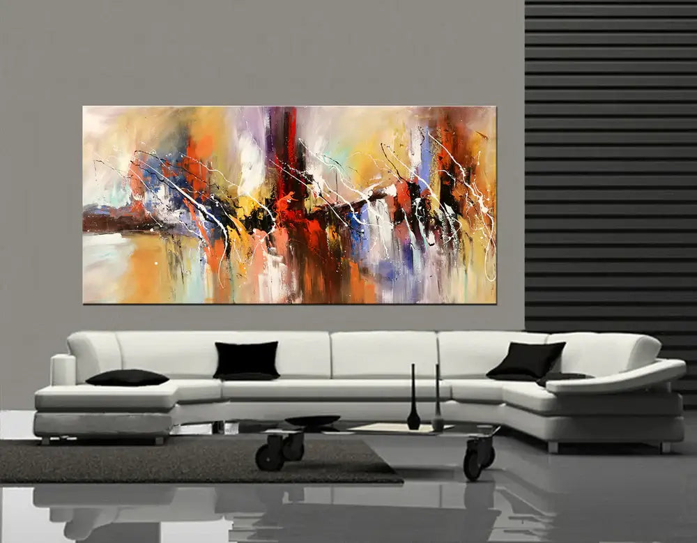 Hand-Painted Abstract Artwork displayed above a modern white sofa in a stylish living room setting.