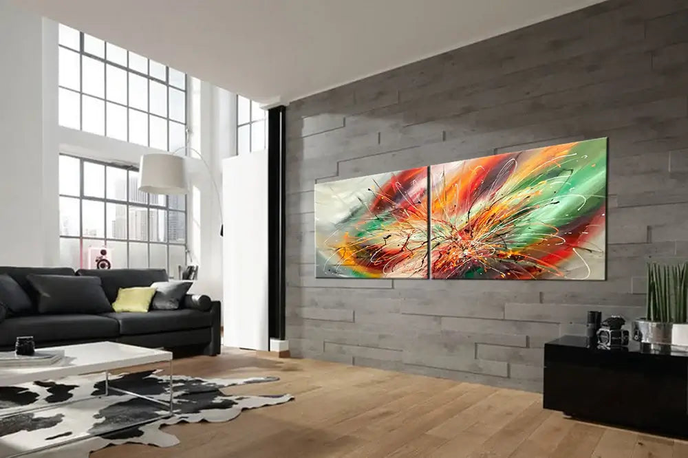 Contemporary Abstract Art displayed on a wall in a modern living room with bold colors and sleek design.