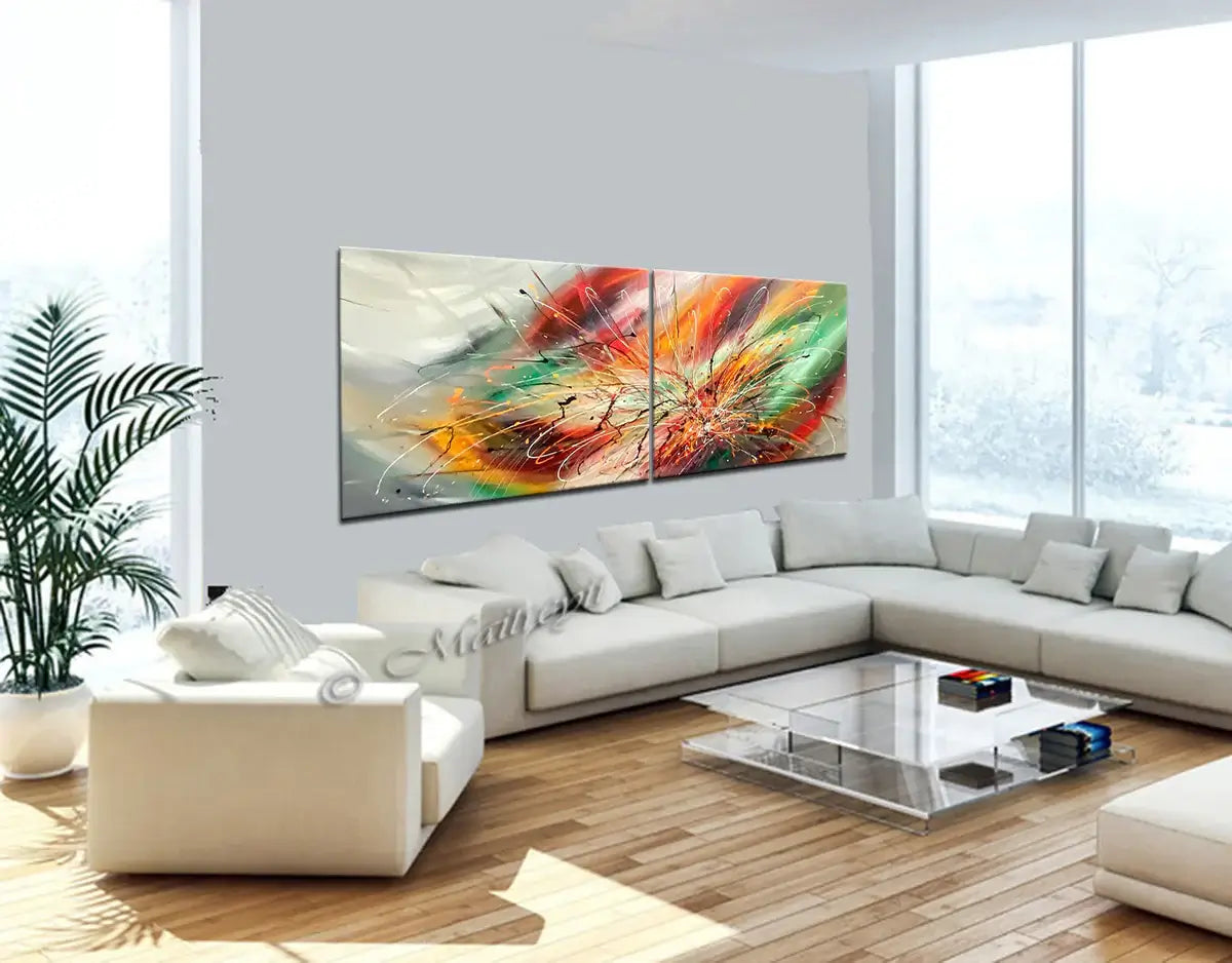 Contemporary Abstract Art in a modern living room setting showcasing vibrant colors and dynamic textures.