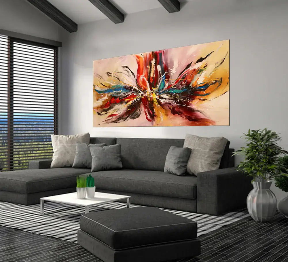 Unique Abstract Canvas Art featuring bold colors and design, enhancing modern living room decor.