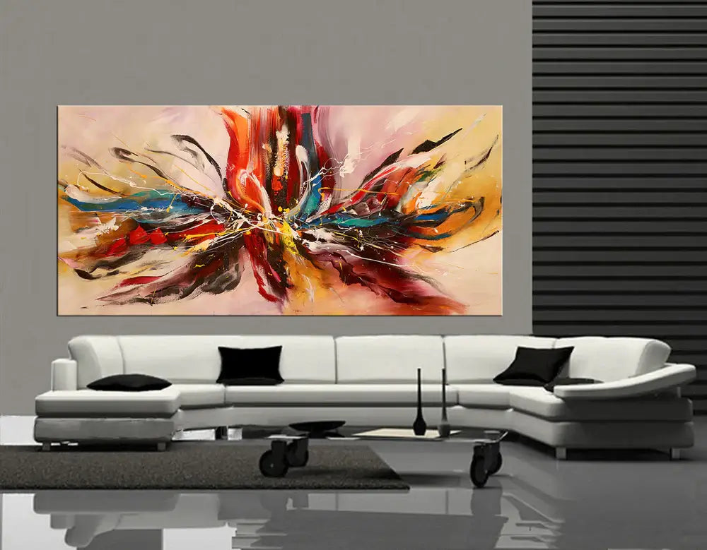Unique Abstract Canvas Art showcasing bold colors and dynamic shapes, ideal for modern wall decor in a stylish living room.