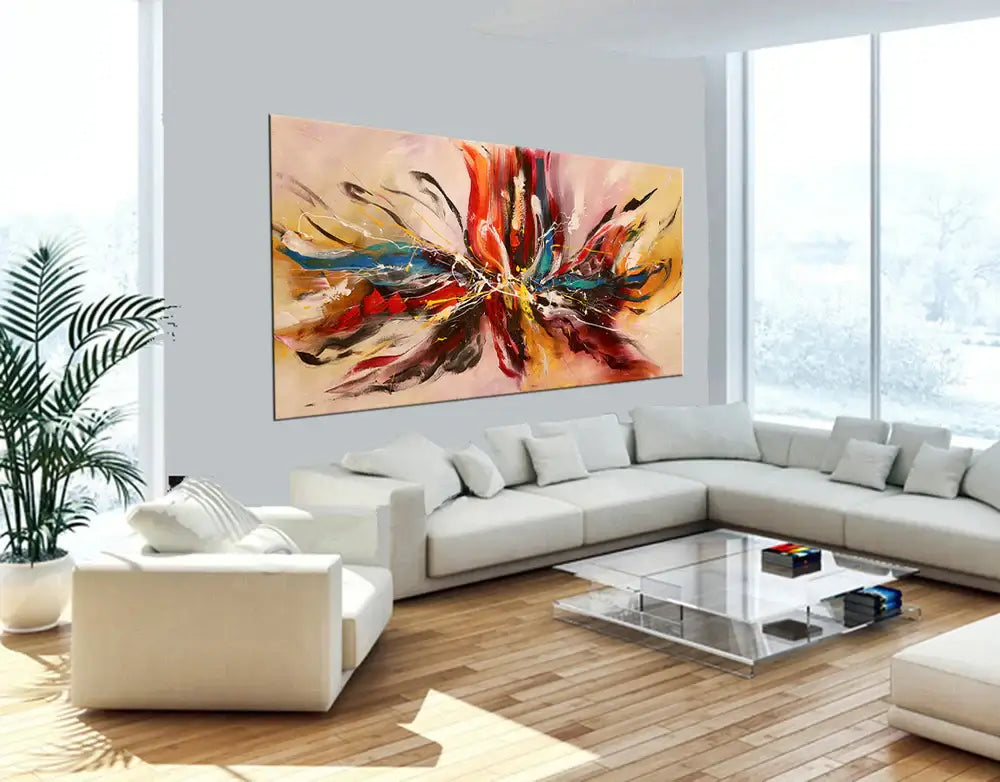 Unique Abstract Canvas Art showcasing bold colors in a modern living room setting, adding elegance to home decor.