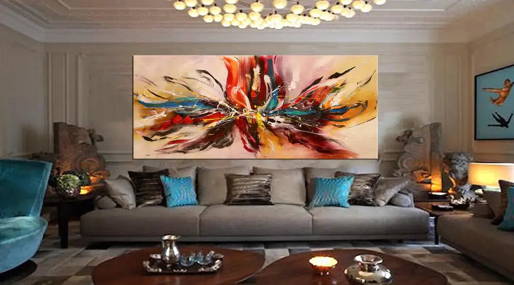 Unique Abstract Canvas Art displayed in a stylish modern living room with vibrant colors and luxurious decor.