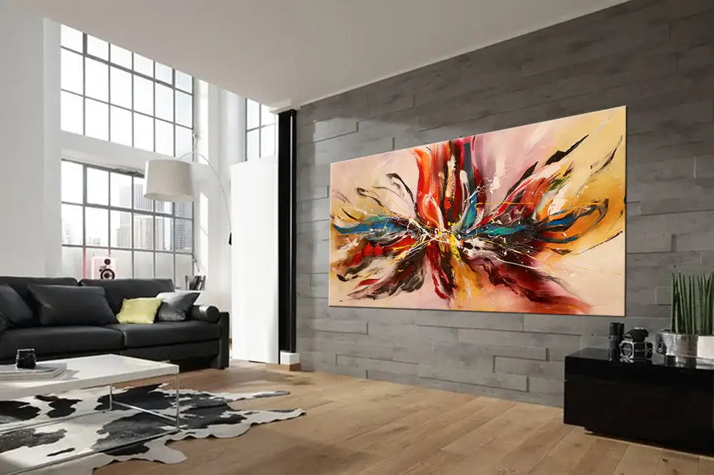 Unique Abstract Canvas Art displayed in a modern living room with stylish decor, featuring bold colors and dynamic designs.