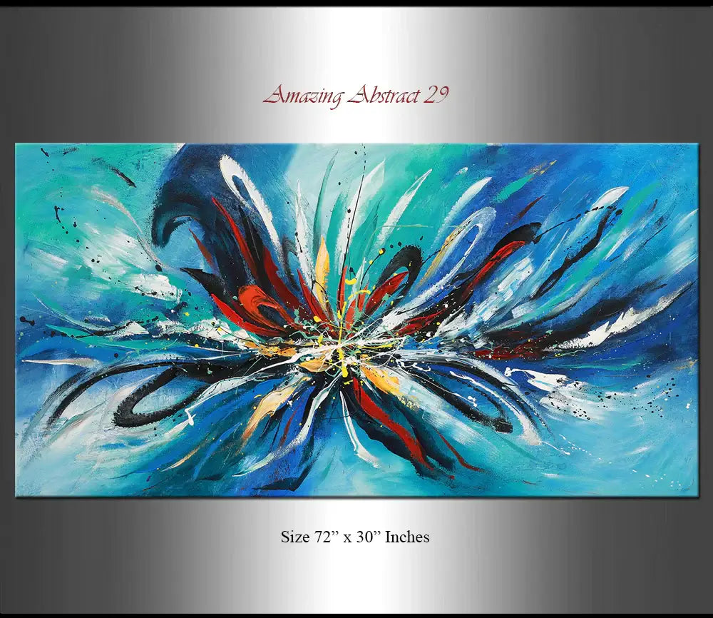 Modern Abstract Painting showcasing vibrant colors and textured layers in a bold abstract design, size 72" x 30".