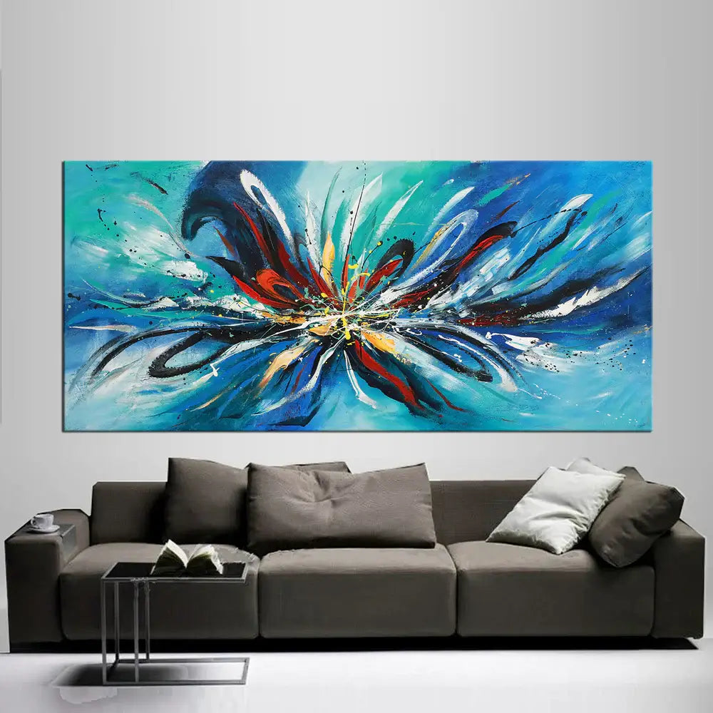 Modern Abstract Painting featuring vibrant colors and dynamic textures above a contemporary sofa, enhancing modern decor.
