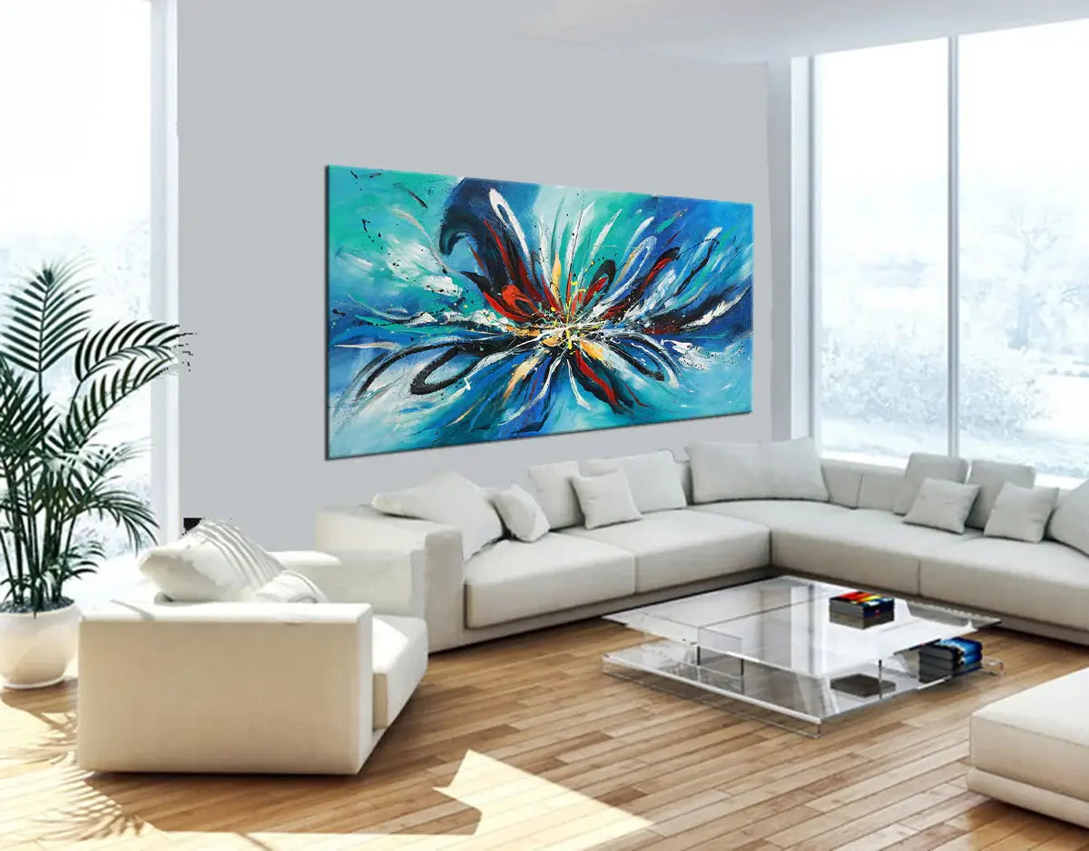 Modern Abstract Painting displayed in a contemporary living room, featuring vibrant colors and textured layers.