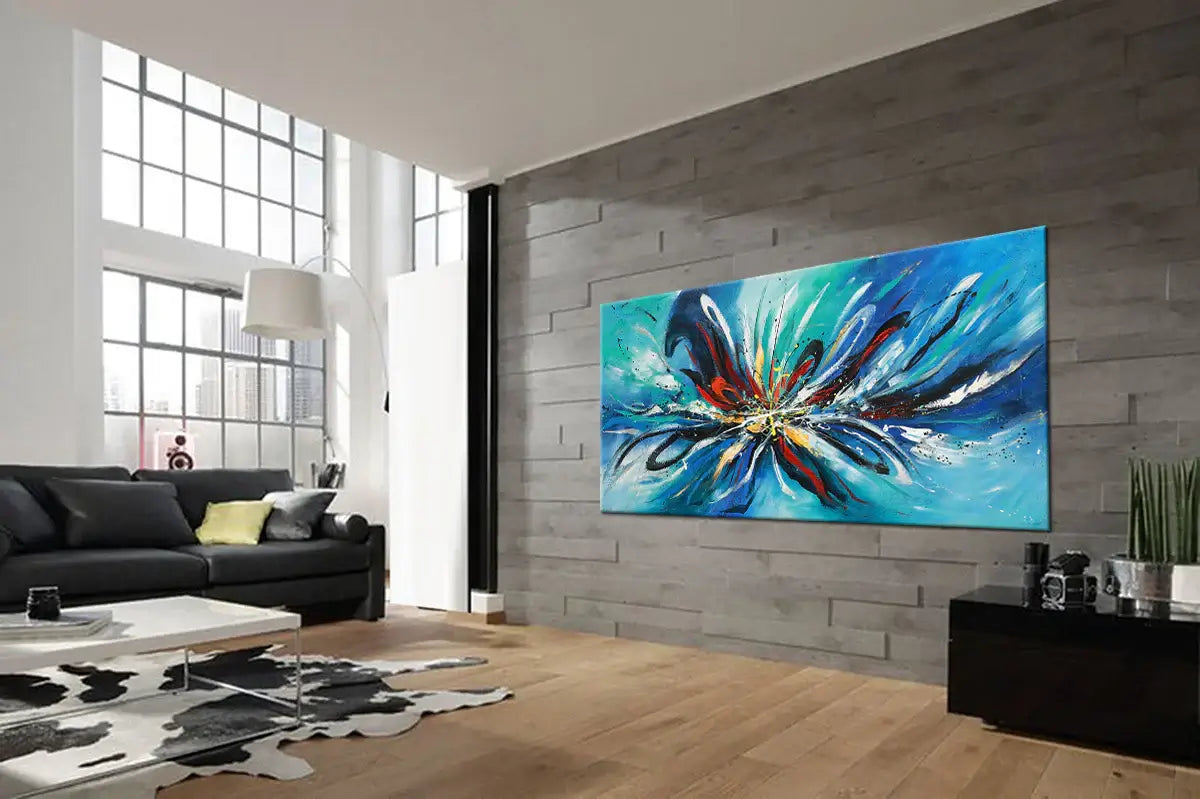 Modern Abstract Painting displayed in a contemporary living room with vibrant colors and textured layers.