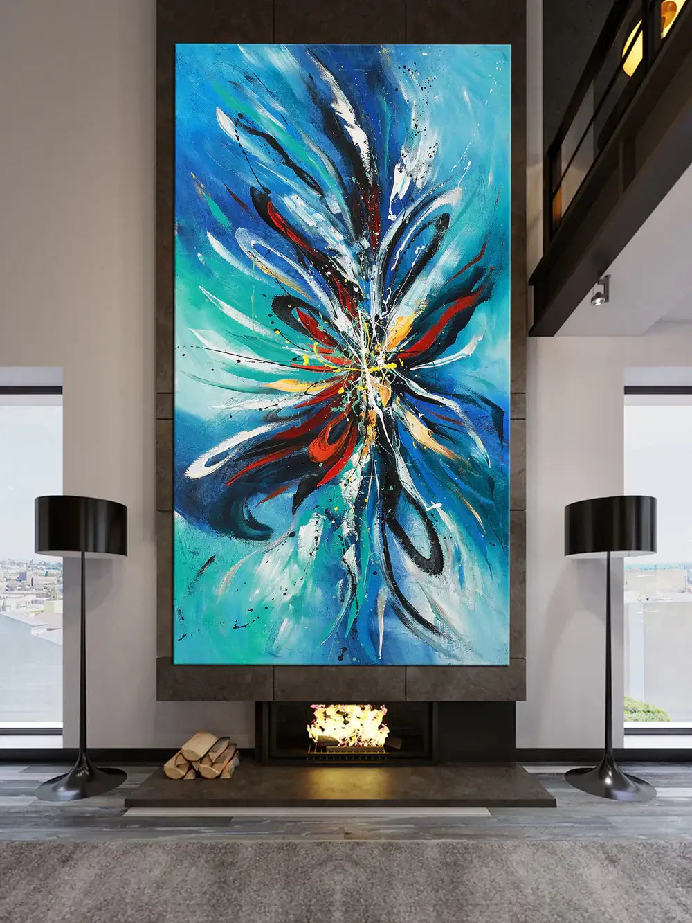 Modern Abstract Painting displayed in a contemporary living room with striking colors and textures.