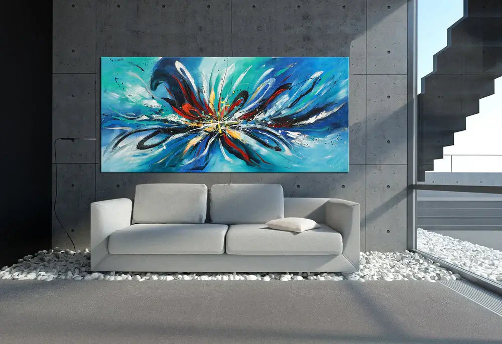 Modern Abstract Painting featuring vibrant colors and textured layers in a contemporary living space.