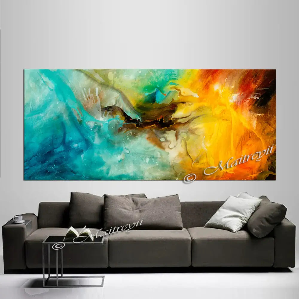 Modern Abstract Painting displayed above a stylish sofa, featuring vibrant colors and expressive brushwork.