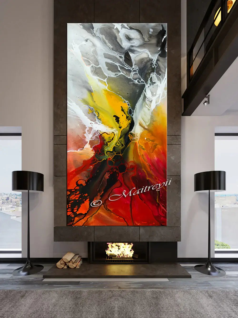 Abstract Modern Art Oil Painting showcased in a stylish living room, featuring vibrant colors and dynamic brushstrokes.