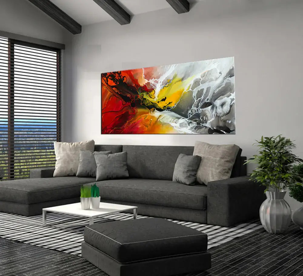 Abstract Modern Art Oil Painting displayed in a stylish living room with contemporary decor and natural light.
