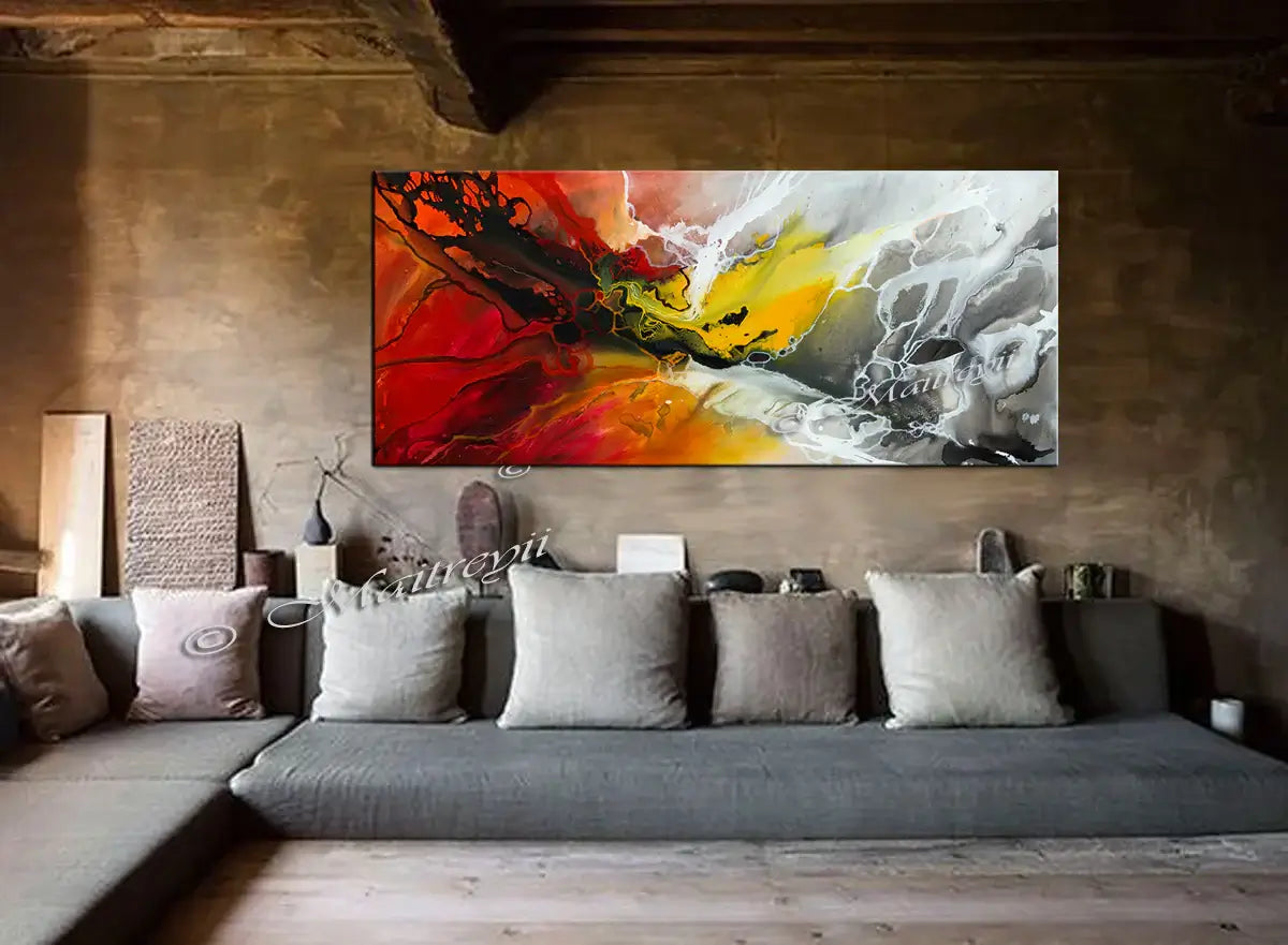 Abstract Modern Art Oil Painting displayed in a cozy living room, showcasing vibrant colors and expressive brushstrokes.
