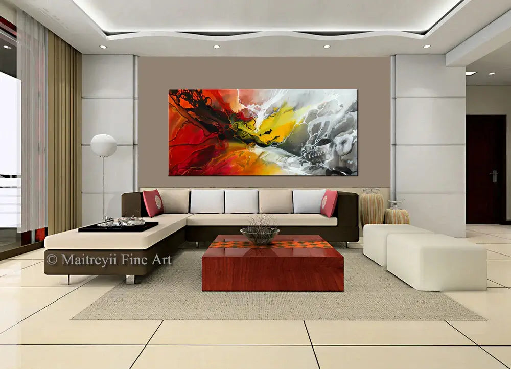 Abstract Modern Art Oil Painting displayed in a modern living room, showcasing vibrant colors and expressive energy.