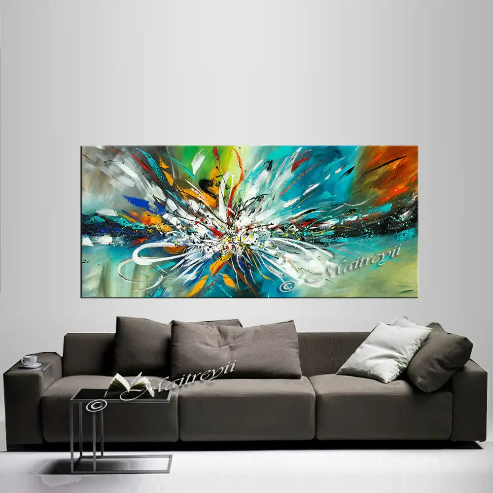 Abstract Modern Art Oil Painting displayed above a modern sofa, showcasing vibrant colors and dynamic movement.