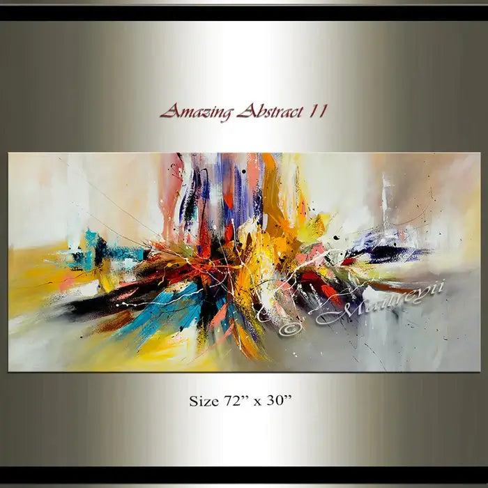Large modern oil painting titled Amazing Abstract 11, featuring vibrant colors and dynamic textures, size 72" x 30".