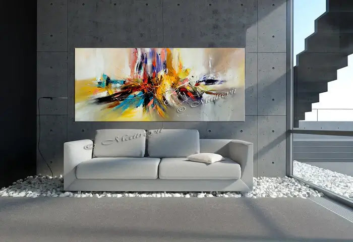 Large modern abstract oil painting showcasing vibrant colors and textures in a contemporary living room setting.