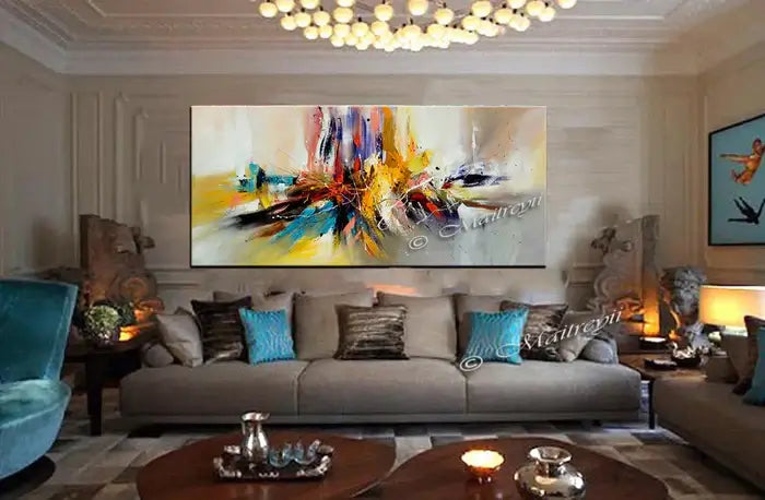 Large modern abstract oil painting in stylish living room, featuring bold colors and dynamic textures.