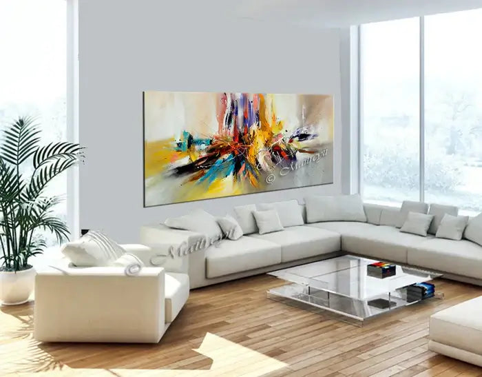 Large modern abstract oil painting in a bright living room, showcasing bold colors and textures.