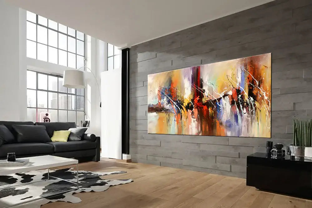 Hand-Painted Abstract Artwork in modern living room with large canvas painting on the wall.