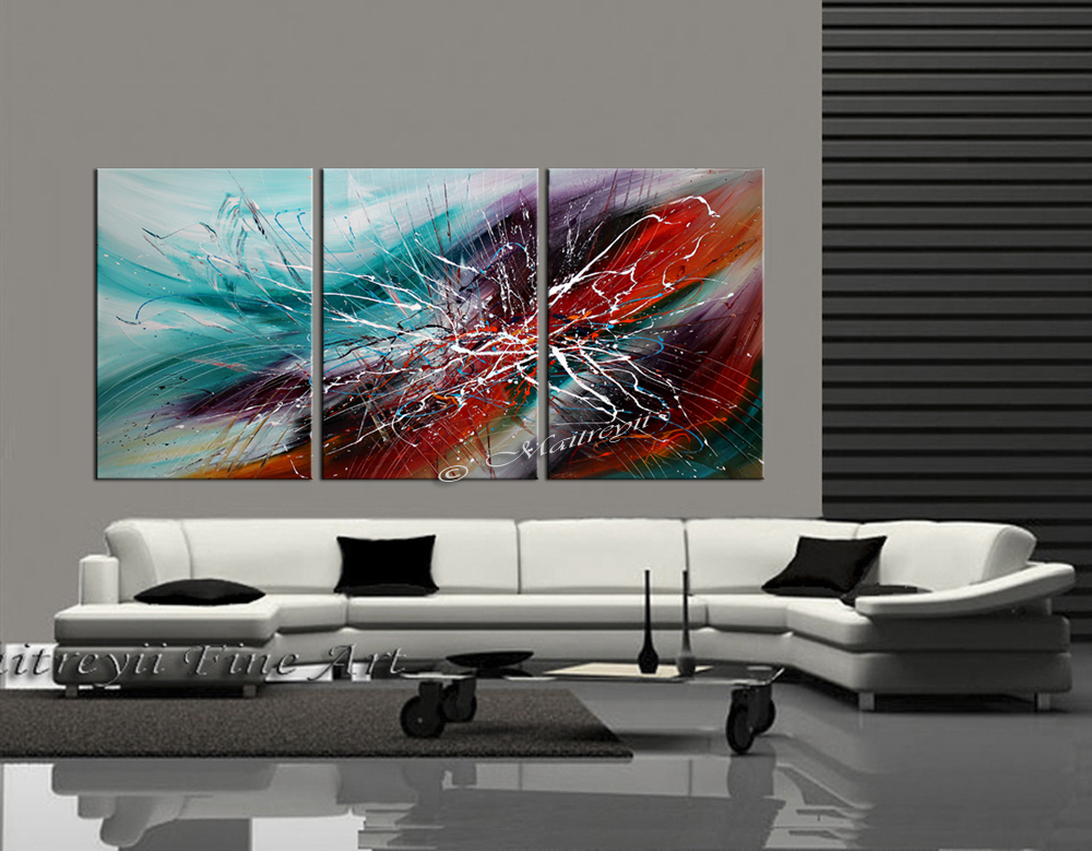wall art abstract triptych painting with ocean sparkle teal, white and red splatter, modern living room decor