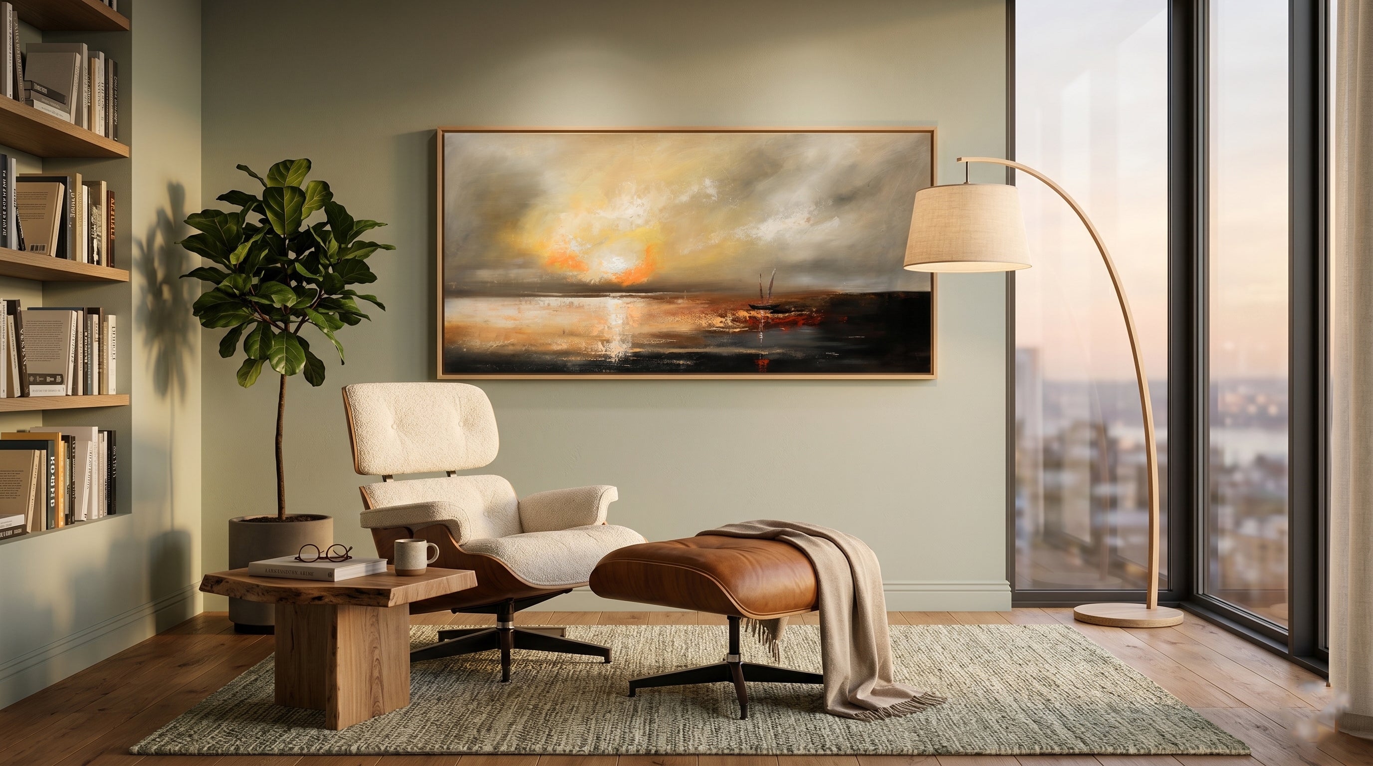 Modern living room with a chair, ottoman, and artwork on a wall.