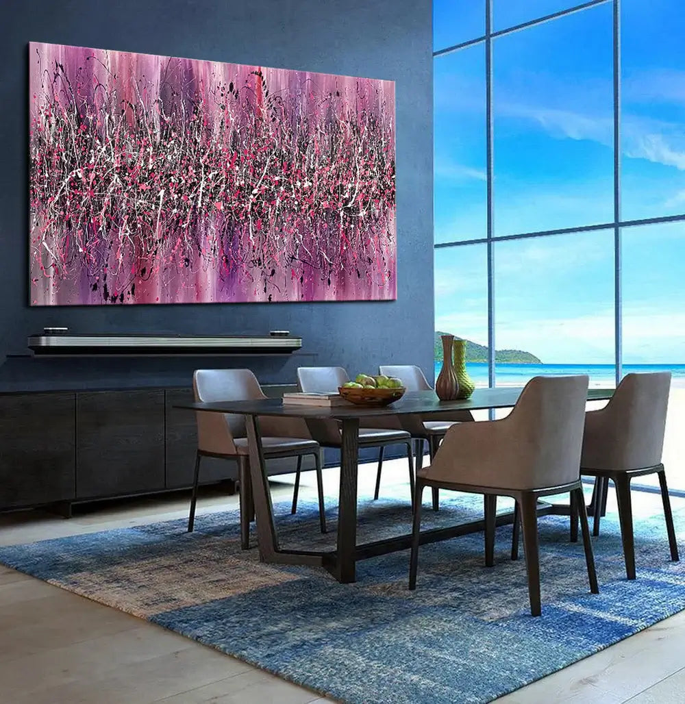 Original Pollock Style Artwork displayed in a bright dining area featuring contemporary design and sea view.