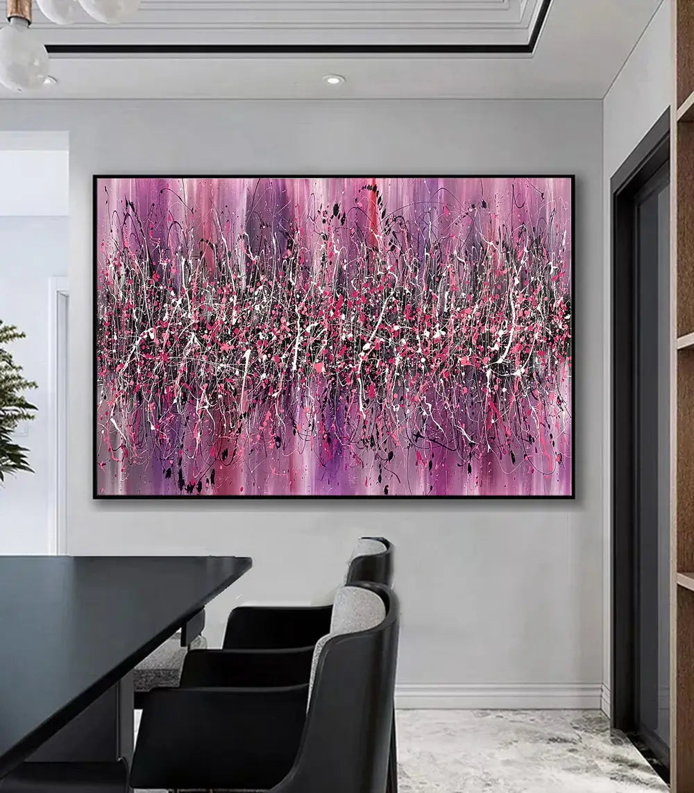 Original Pollock Style Artwork featuring pink abstract art in modern interior design setting.
