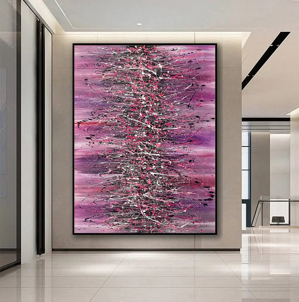 Original Pollock Style Artwork displayed in a modern interior, featuring pink and black abstract design in contemporary setting.