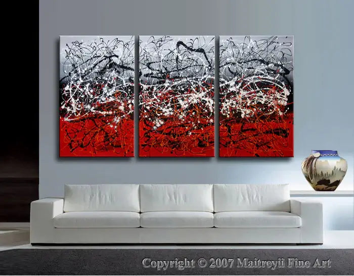 Christmas Decor by Maitreyii, handmade canvas wall art featuring abstract red and silver design, perfect for holiday season.
