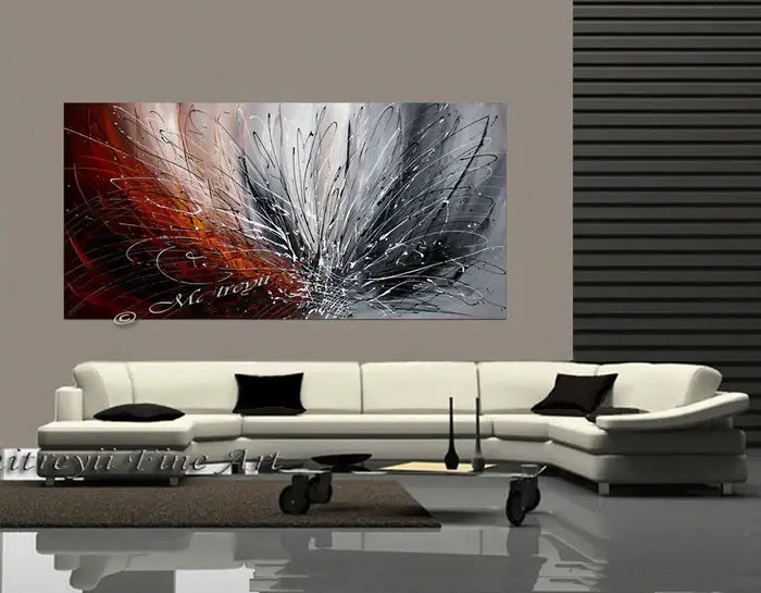 Splash Your Walls with Vibrant Colors | Abstract art piece with dynamic brushstrokes in red, black, and silver.