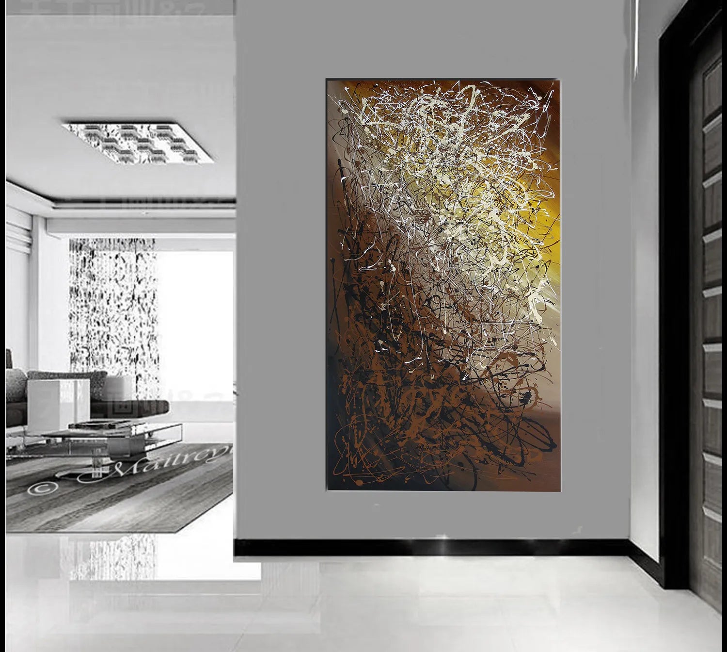 Jackson Pollock style art displayed in modern interior, showcasing vibrant abstract drip design.