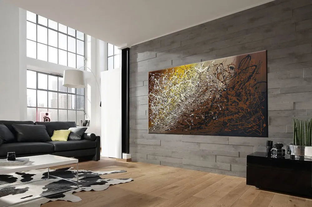 Jackson Pollock style art displayed in a modern living room with natural light and stylish furnishings.