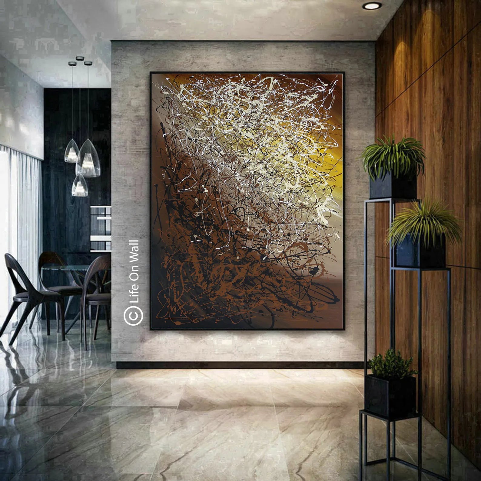 Jackson Pollock style art displayed in a modern living room, showcasing abstract drip technique and vibrant colors.