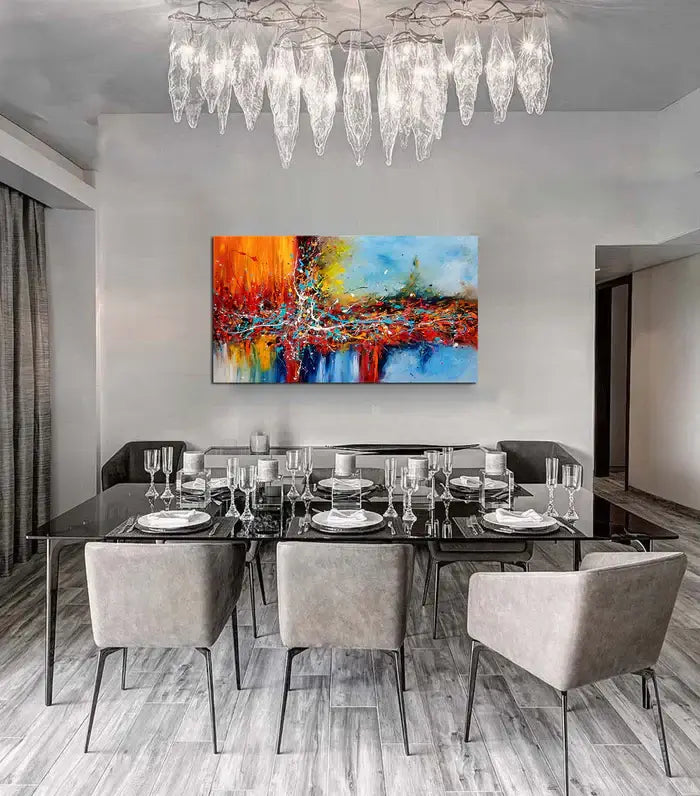 Original Abstract Paintings displayed in a modern dining room, enhancing the vibrant decor with expressive colors.