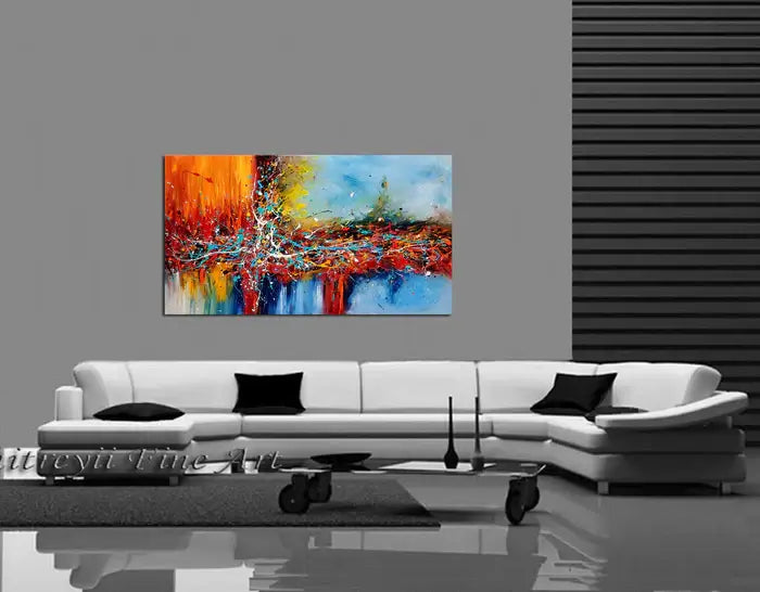 Original Abstract Paintings displayed above a modern white sofa, showcasing vibrant colors and dynamic movement in Beauty Rising.