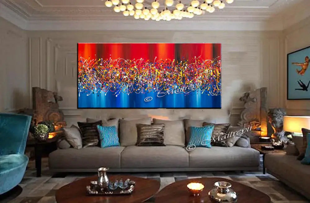 Jackson Pollock Style Art displayed in a modern living room featuring vibrant colors and abstract drip painting elements.